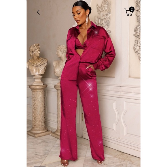 Club L London Other - Club L London Berry Diamanté Rhinestone 3pc Pajama Style Outfit